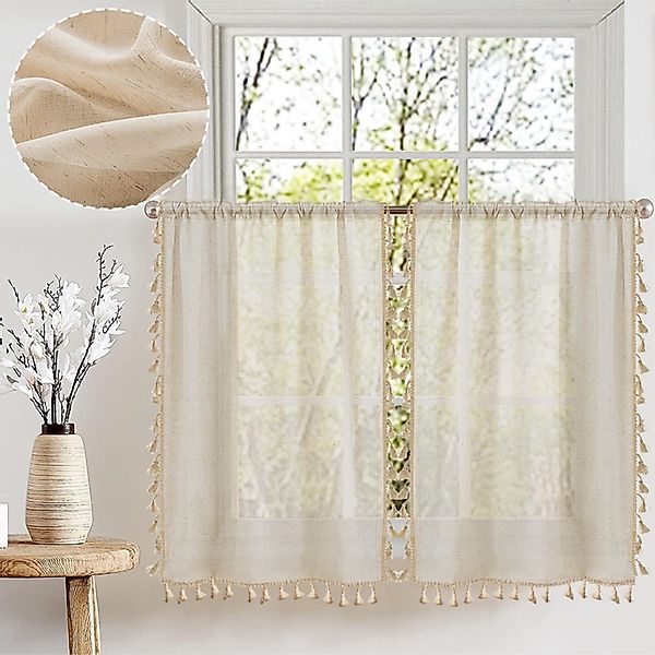 BTTO V&G Gardine Vintage-Quasten Fenstervorhänge Leinen günstig online kaufen