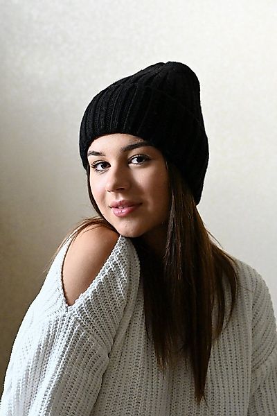Runde Perlé Beanie warme Wintermütze 100% Merinowolle schwarz Beanie aus re günstig online kaufen