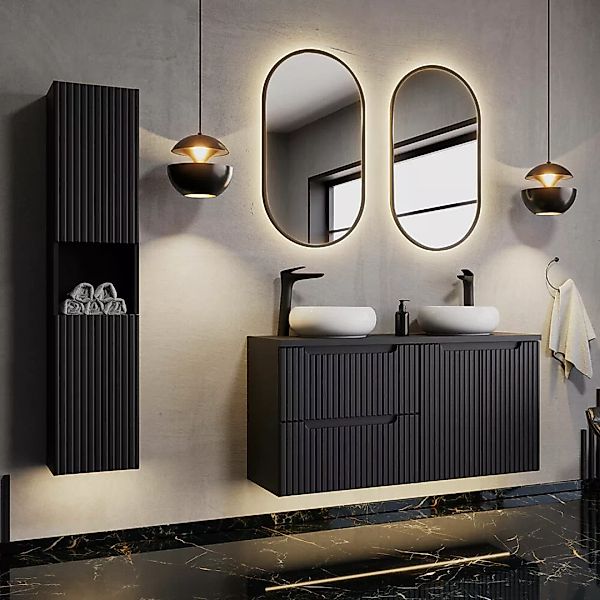 Badmöbel Set 4-teilig, 120cm Doppelwaschtisch, schwarz mit gerillter Front günstig online kaufen