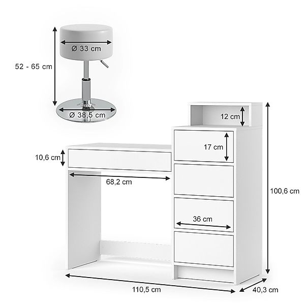 Vicco Schminktisch Naara Weiß 110.5 cm mit Hocker günstig online kaufen