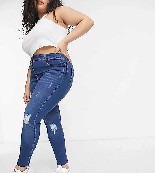 Yours – Superenge Jeans mit Zierrissen in mittlerer Waschung-Blau günstig online kaufen