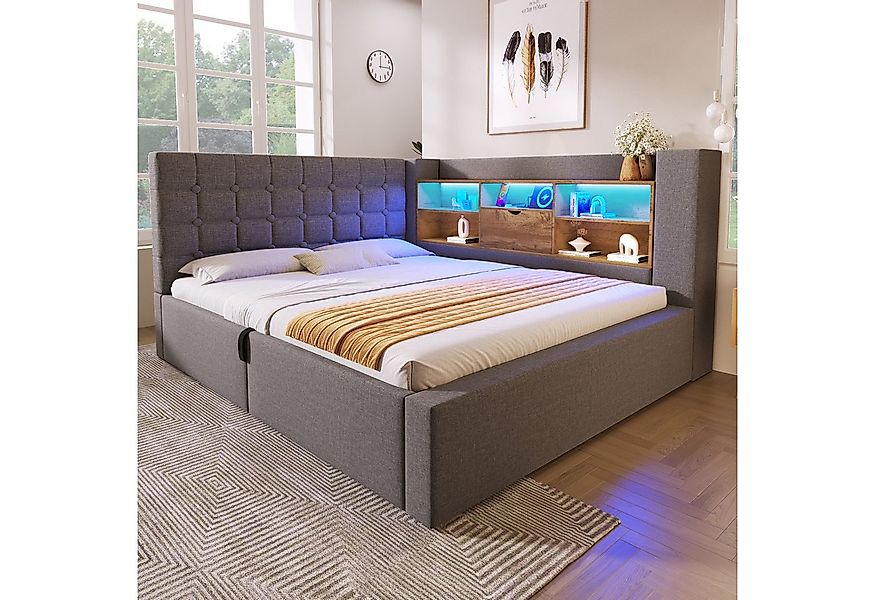 REDOM Polsterbett Polsterbett 140x200 cm mit LED-Beleuchtung und hydraulisc günstig online kaufen