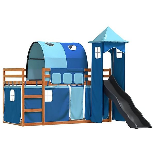 vidaXL Bett, Etagenbett mit Rutsche und Gardinen Blau 90x190 cm günstig online kaufen