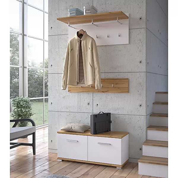 Garderoben-Set 3-teilig mit Schuhbank in weiß mit Eiche HUESCA-129 günstig online kaufen