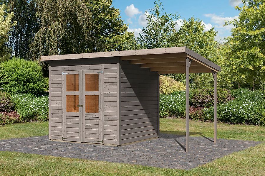 Karibu Gartenhaus ""Merseburg 4" vorvergraut mit Anbaudach" aus Fichtenholz günstig online kaufen