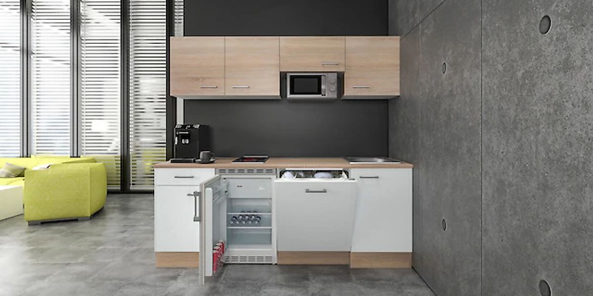 Flex-Well Classic Büroküche Florida 210 cm Weiß-Sonoma Eiche günstig online kaufen