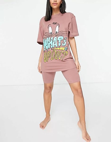 ASOS DESIGN – Looney Tunes – Übergroßes Pyjama-Set in Braun mit Leggingshor günstig online kaufen