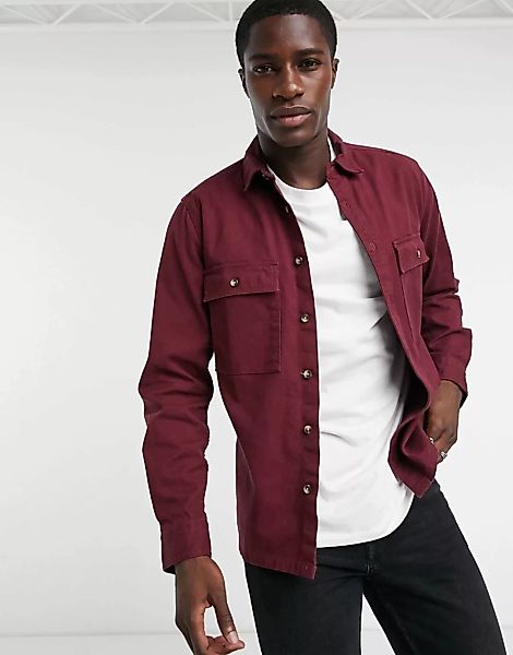 ASOS DESIGN – Burgunderfarbene Hemdjacke aus Twill-Rot günstig online kaufen