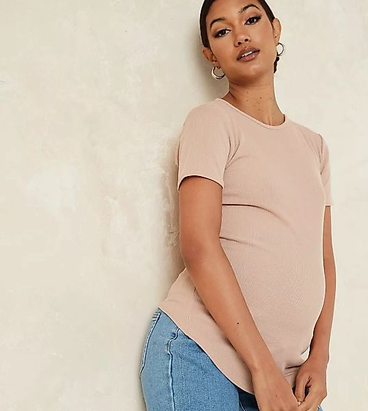 Missguided Maternity – Geripptes T-Shirt in Braun mit Rundhalsausschnitt günstig online kaufen