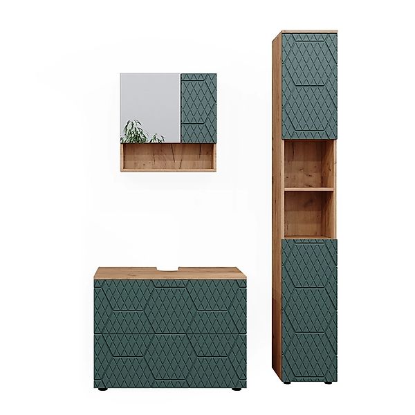 Vicco Badmöbel-Set Irma Goldkraft Eiche/Grün 3 Teile mit Schubladenschrank günstig online kaufen