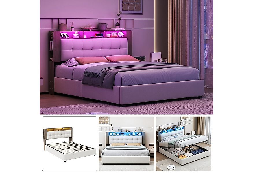 PXloue Polsterbett LED hydraulisches Doppelbett (Kopfteil mit integrierter günstig online kaufen