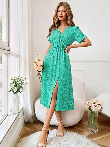 BlauWave A-Linien-Kleid Bedrucktes Kleid mit V-Ausschnitt zur Taillenverkle günstig online kaufen