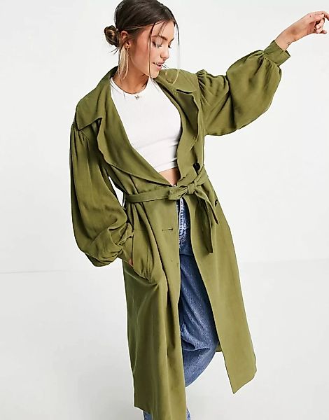 ASOS DESIGN – Oversize-Trenchcoat aus Leinen auffälligen Ärmeln in Khaki-Gr günstig online kaufen