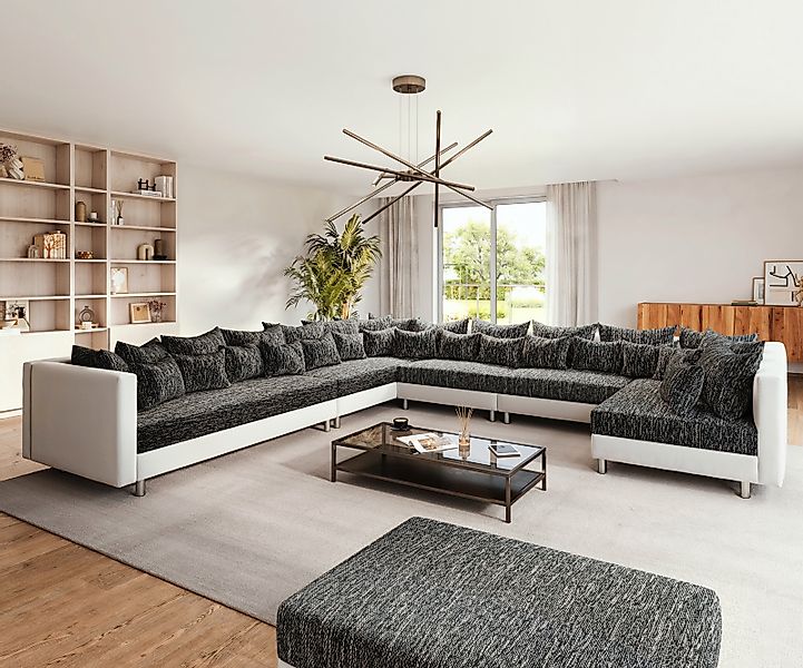 Wohnlandschaft Clovis XXL Weiss Schwarz mit Hocker Ottomane Links günstig online kaufen