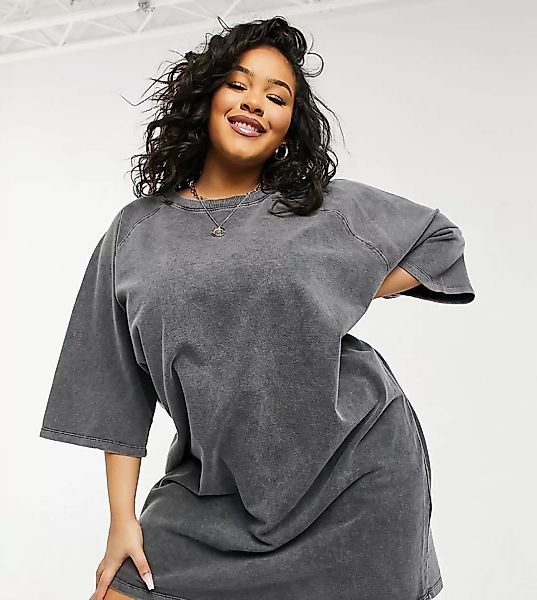 ASOS DESIGN Curve – Schweres Oversize-T-Shirt-Kleid in grauer Acid-Waschung günstig online kaufen