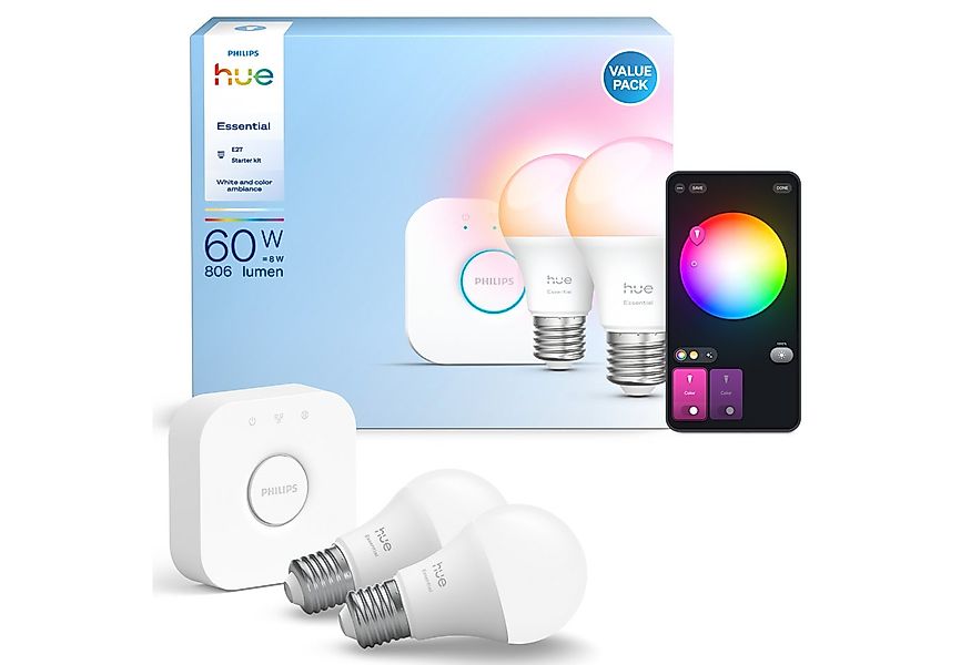 Philips Hue LED-Leuchtmittel Essential Starter Kit 2x White & Color Ambianc günstig online kaufen