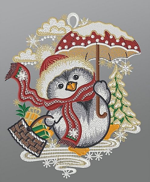 Plauener Spitze® Fensterbild Pinguin bringt Geschenke, HxB 27x23cm günstig online kaufen