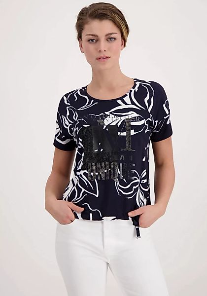 Monari Rundhalsshirt, mit Glitzerschrift und Blumendruck günstig online kaufen