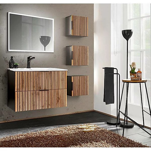 Badmöbel Set mit 3 Hängeschränken XANTEN-56 in anthrazit mit Eiche Nb. Rill günstig online kaufen