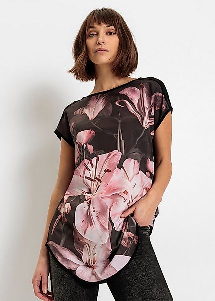 bonprix T-Shirt bequeme Passform, Kurzarm-Design, mit Blumen-Druck, aus Vis günstig online kaufen