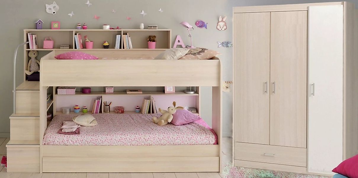 Faizee Möbel Hochbett Kinderbett Bibop +3trg Kleiderschrank+Regale+Leiter+B günstig online kaufen