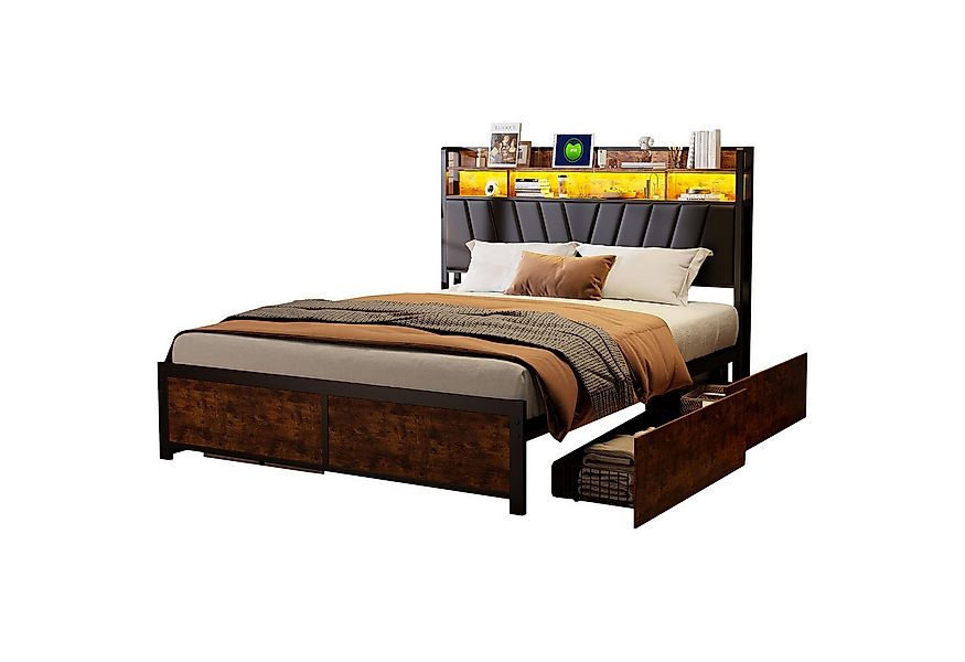 FUROKOY Polsterbett Doppelbett,Bettgestell (Holzbett mit Metall, 1-tlg., mi günstig online kaufen