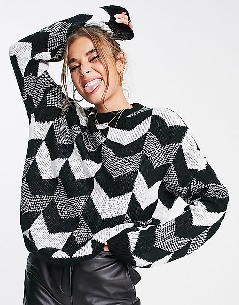 In The Style x Lorna Luxe – Oversize-Pullover in Schwarz-Bunt mit Chevron-Z günstig online kaufen
