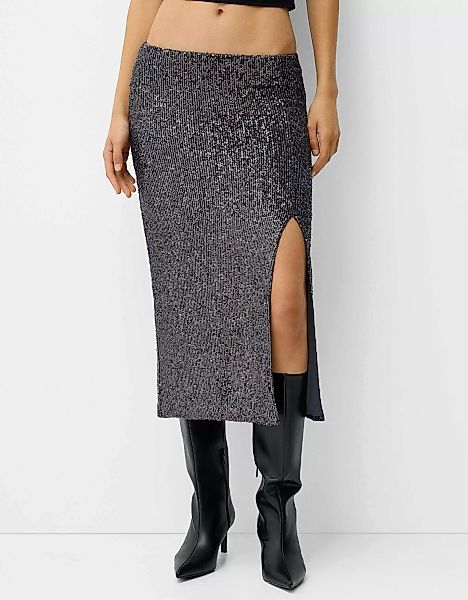 Bershka Midirock Mit Pailletten Damen M Grau günstig online kaufen