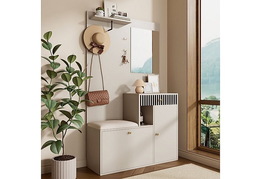 Merax Garderoben-Set mit Spiegel, Schuhschrank & Sitzkissen, (Garderobenkom günstig online kaufen