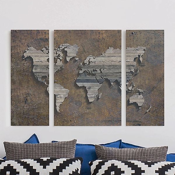 3-teiliges Leinwandbild Weltkarte - Querformat Holz Rost Weltkarte günstig online kaufen