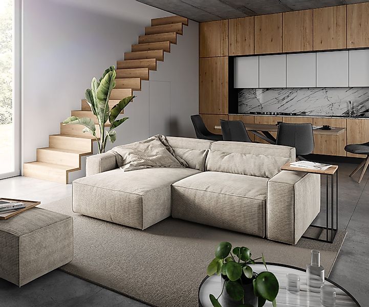 Ecksofa Sirpio 230x155 cm Cord Beige Recamiere variabel mit Hocker günstig online kaufen