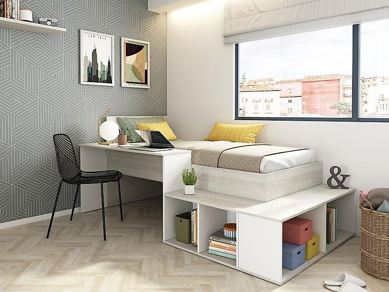 Kombi-Bett 90 x 200 cm mit Stauraum & Schreibtisch + Lattenrost + Matratze günstig online kaufen