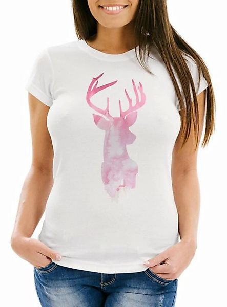 Neverless Print-Shirt Damen T-Shirt Hirsch Geweih Kopf Deer Watercolor Poly günstig online kaufen