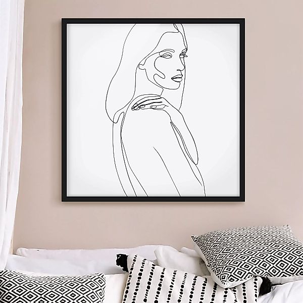 Bild mit Rahmen Schwarz-Weiß - Quadrat Line Art Frau Schulter Schwarz Weiß günstig online kaufen