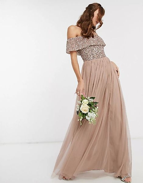 Maya – Bridesmaid – Maxi-Tüllkleid mit Bardot-Ausschnitt und farblich passe günstig online kaufen