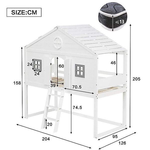 Flieks Etagenbett, Hausbett Kinderbett 90x200cm mit dreistufiger Leiter, Tü günstig online kaufen