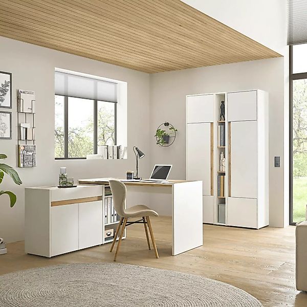Büromöbel Set weiß mit Eiche CRISP-61 modern 6-teilig mit Schreibtisch günstig online kaufen