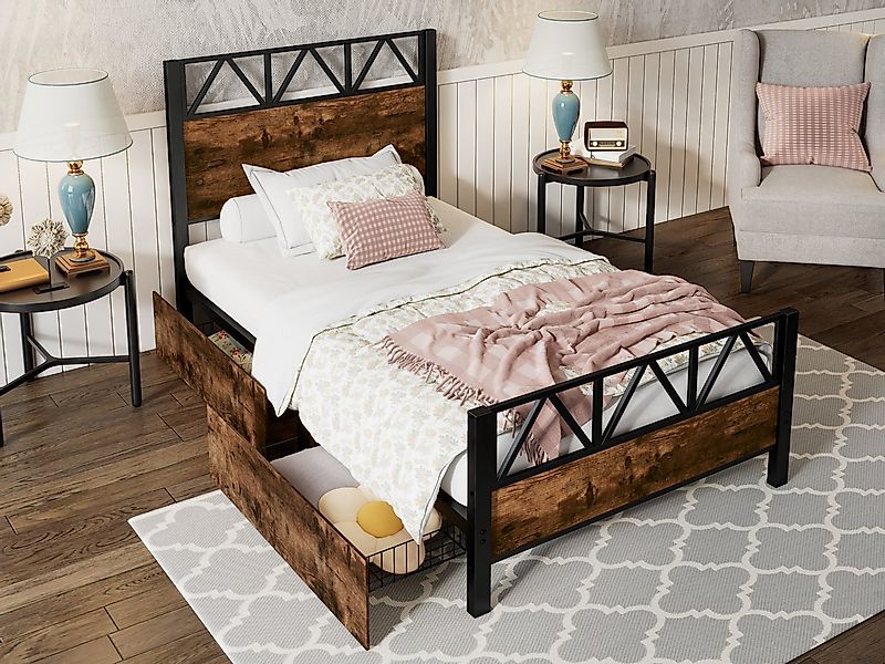 SeedWave Metallbett Vintage-Holzfarben Doppelbett mit Aufbewahrungsschublad günstig online kaufen