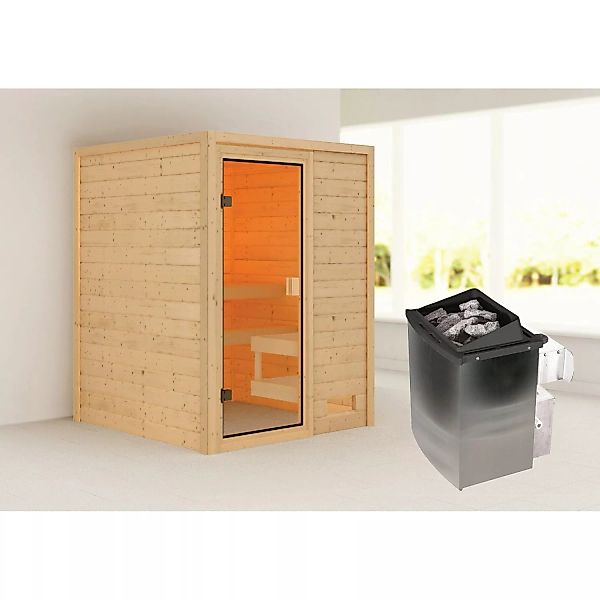 Woodfeeling Sauna Sandra inkl. 9 kW Ofen mit integr. Strg. Glastür günstig online kaufen