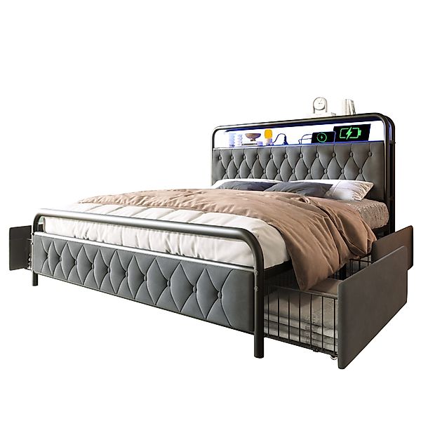 Flieks Metallbett, LED Polsterbett Doppelbett 140x200cm mit Ladenfunktion + günstig online kaufen