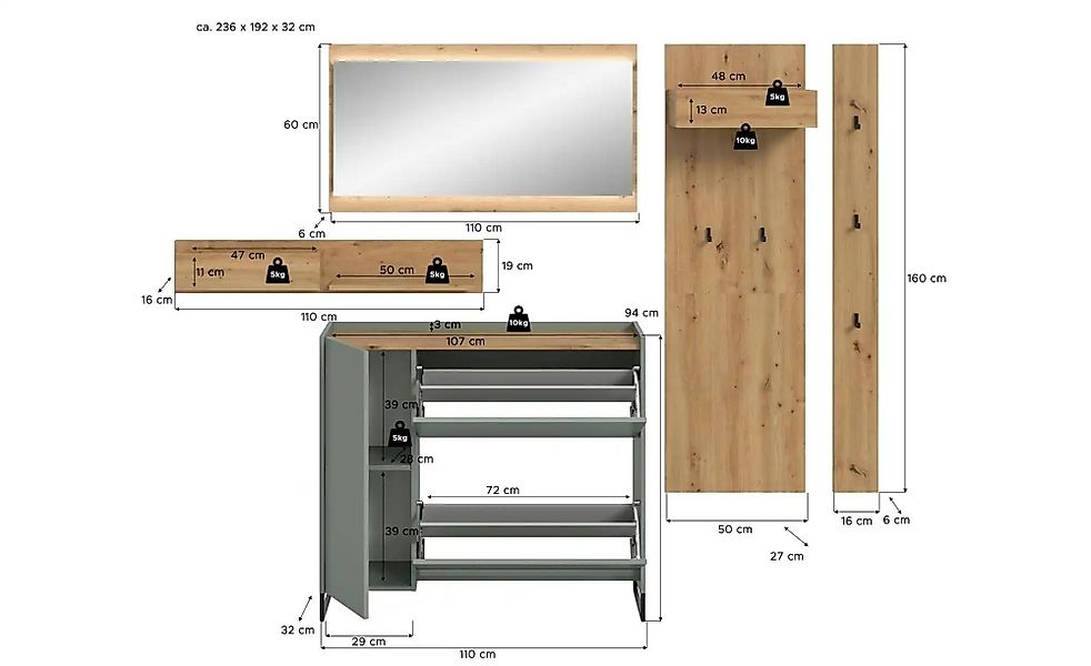 Garderobenkombination   ¦ grün ¦ Maße (cm): B: 192 H: 236 Garderoben & Klei günstig online kaufen