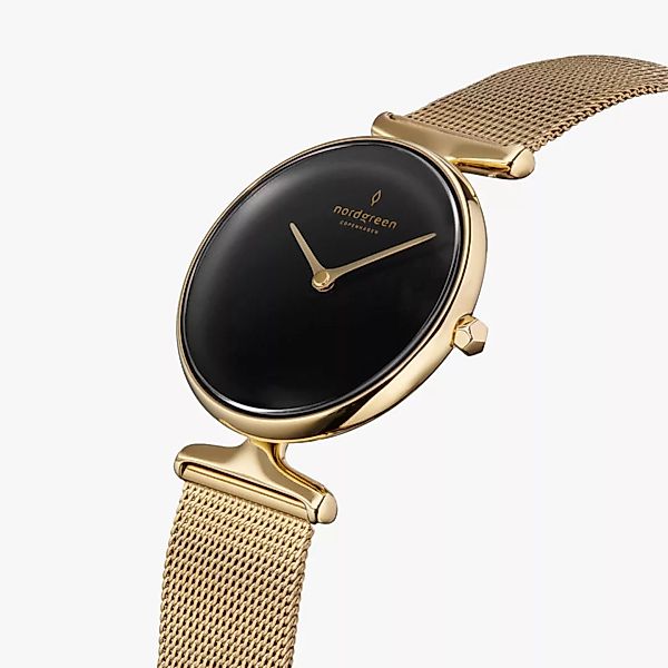 Armbanduhr Unika Gold | Schwarzes Ziffernblatt - Mesharmband Gold günstig online kaufen