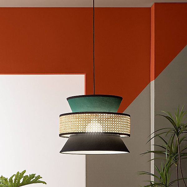 Hängelampe Gazebo, grün/schwarz/natur, Ø 40 cm, Stoff/Rattan günstig online kaufen