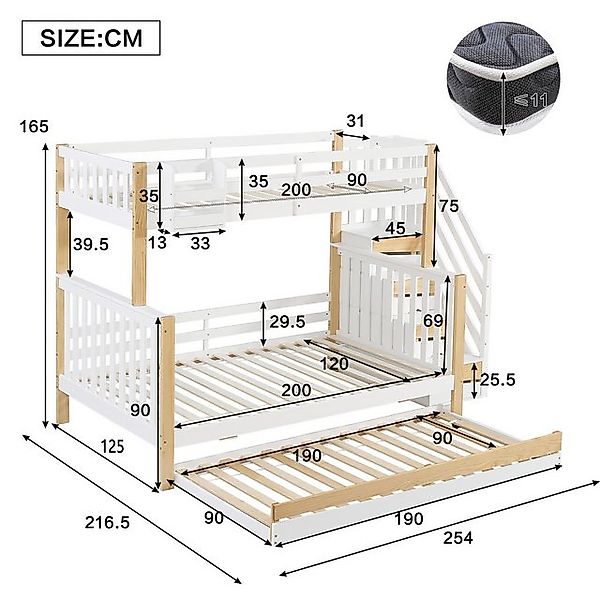 Flieks Etagenbett, Kinderbett 90x200cm+120x200cm mit Ausziehbett 90x190cm S günstig online kaufen