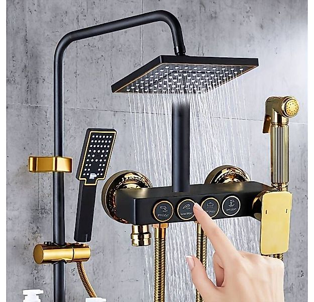 DENU-Home Duschsystem Brausegarnitur Schwarz Gold Thermostat-Mischbatterie günstig online kaufen