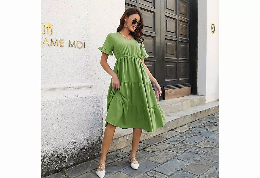 RUZU UG Volantkleid Kurzarm Kleid mit V-Ausschnitt und Schichten aus zartem günstig online kaufen