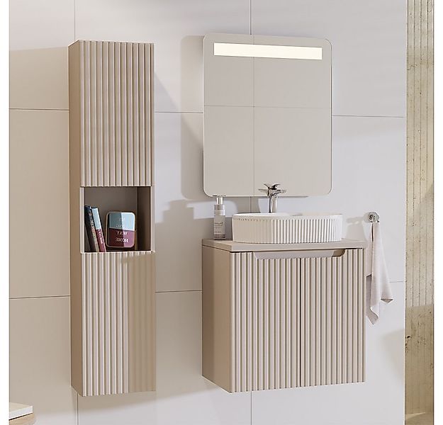 Lomadox Badmöbel-Set NEWPORT-56-CASHMERE, (Spar-Set, 3-St., Hochschrank LED günstig online kaufen