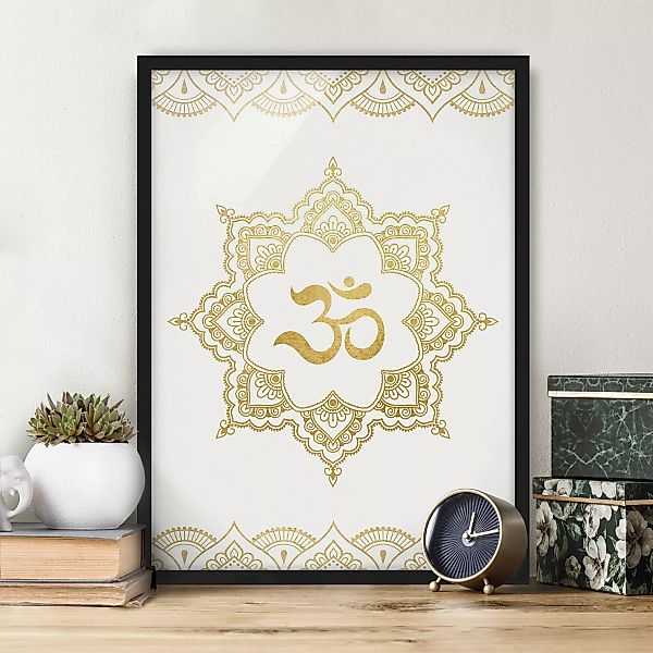 Bild mit Rahmen - Hochformat Mandala OM Illustration Ornament weiß gold günstig online kaufen
