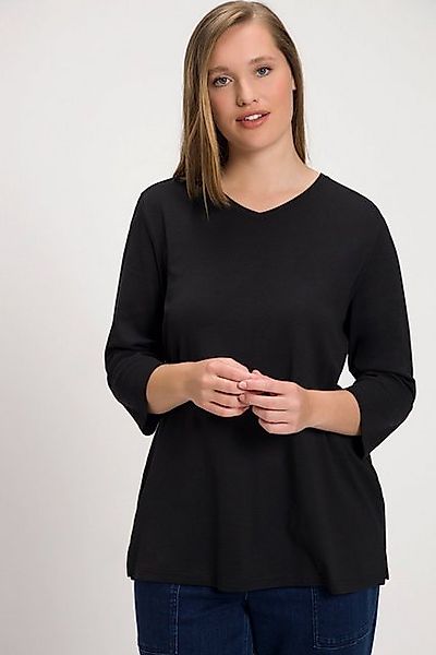 Ulla Popken Rundhalsshirt Shirt Rippjersey V-Ausschnitt 3/4-Arm Biobaumwoll günstig online kaufen