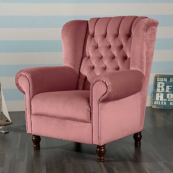 Samt Wohnzimmersessel rosa mit Federkern Polsterung Chesterfield Look günstig online kaufen